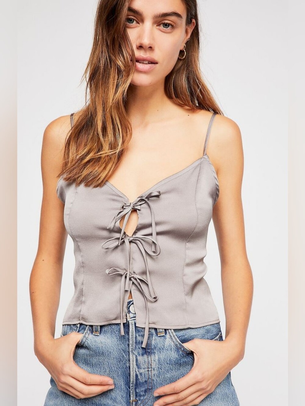 Free People Gray Lace-Up Satin Camisole